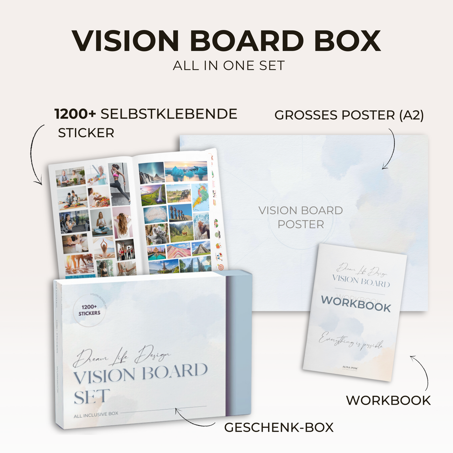 Vision Board Set | All in One Box inkl. A2 Poster, 1200+ selbstklebende Bilder & Sticker, Workbook