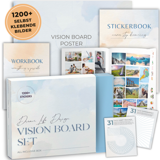 Vision Board Set | All in One Box inkl. A2 Poster, 1200+ selbstklebende Bilder & Sticker, Workbook